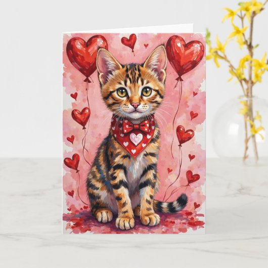 Bengal Cat Valentine Sitting with Hearts Red カード (黄色い花)