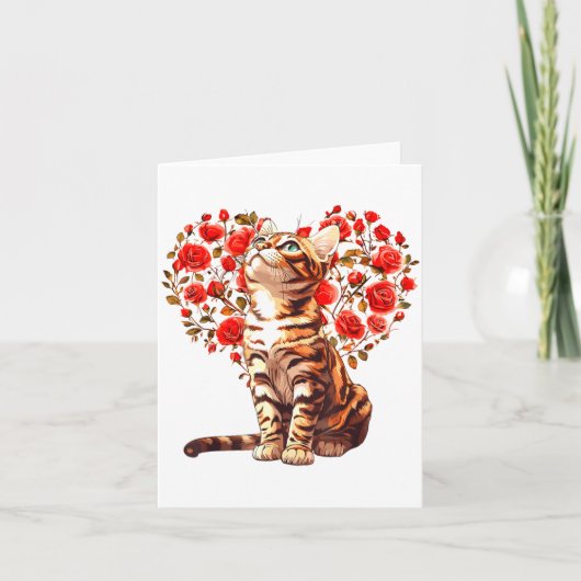 Bengal Cat Valentines Day Floral Heart Design For カード (正面)