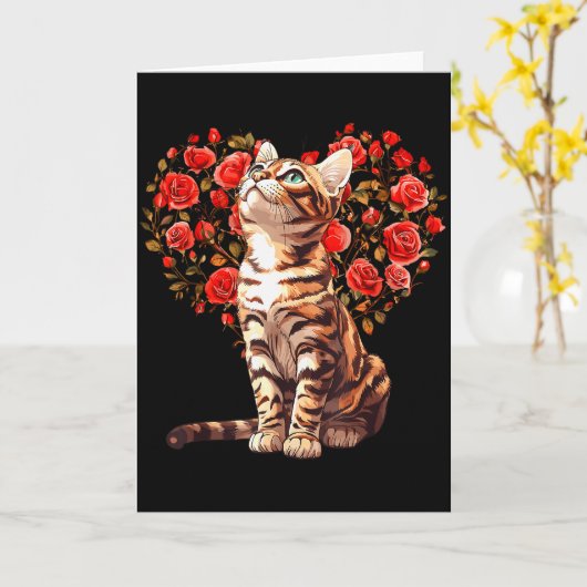 Bengal Cat Valentines Day Floral Heart Design For カード (黄色い花)