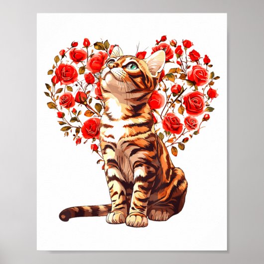 Bengal Cat Valentines Day Floral Heart Design For  ポスター (正面)