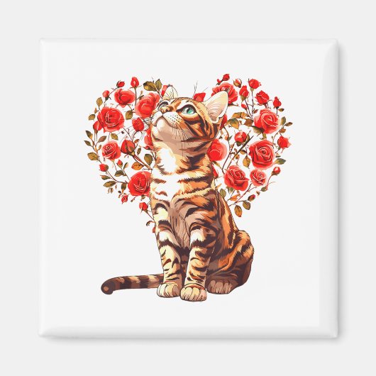 Bengal Cat Valentines Day Floral Heart Design For  マグネット (正面)
