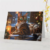 Bengal Cat With Christmas Lights Holiday カード (黄色い花)