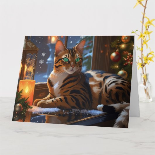 Bengal Cat With Christmas Lights Holiday カード (黄色い花)