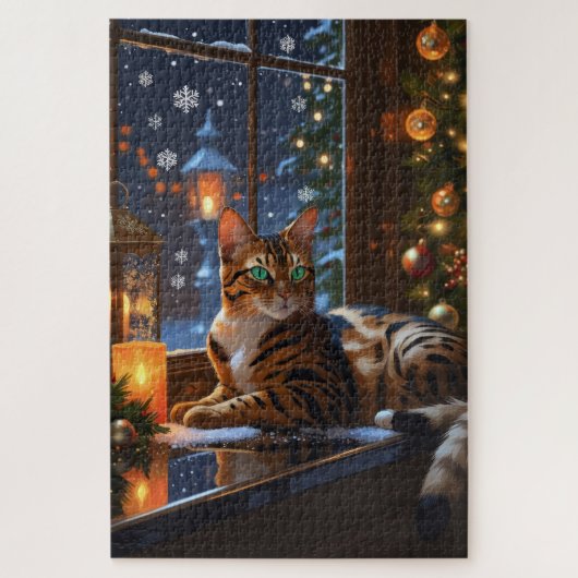 Bengal Cat With Christmas Lights Holiday ジグソーパズル (縦)