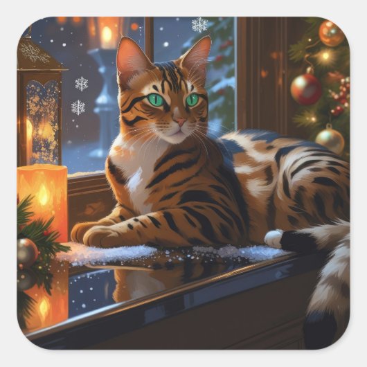 Bengal Cat With Christmas Lights Holiday スクエアシール (正面)