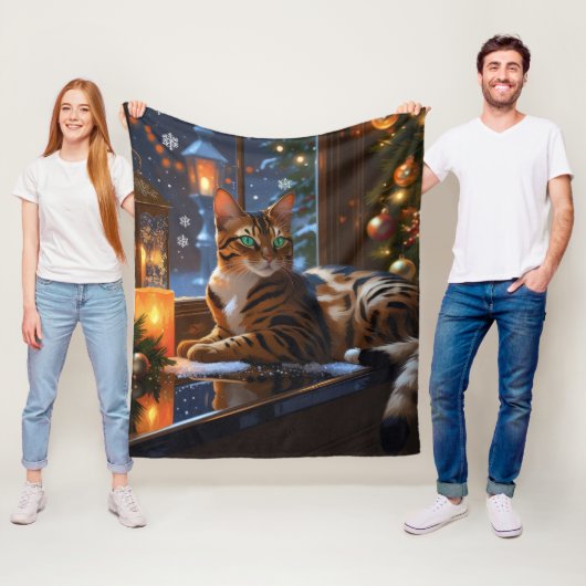Bengal Cat With Christmas Lights Holiday フリースブランケット (インサイチュ)