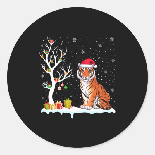 Bengal Tiger Santa Hat Festive Tree Light Christma ラウンドシール (正面)