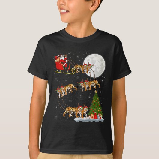 Bengal Tiger Santa Sleigh Flying Funny Magical Chr Tシャツ (正面)