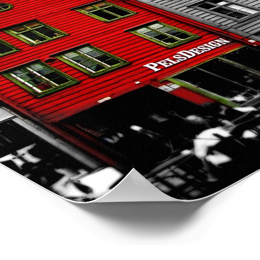 Bergen Norway赤い家の黒と白の写真 ポスター (角)