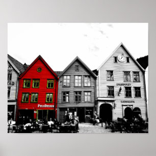 Bergen Norway赤い家の黒と白の写真 ポスター