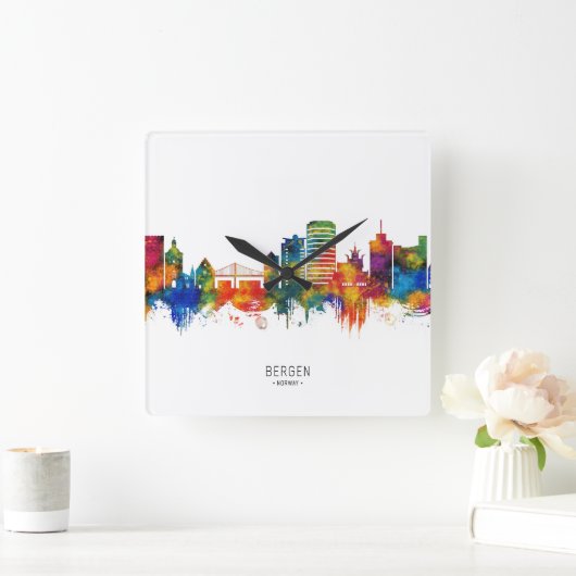 Bergen Norway Skyline スクエア壁時計 (ホーム)