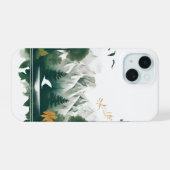 Bergkette vor Fluss, See und Vögel - Aquarell iPhone 15ケース (裏面横)