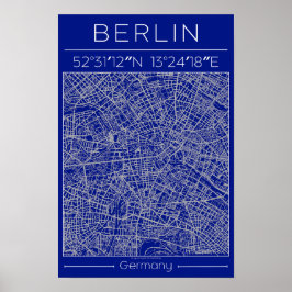 Berlin Blueprint City Map Poster Blue Minimal Urba ポスター