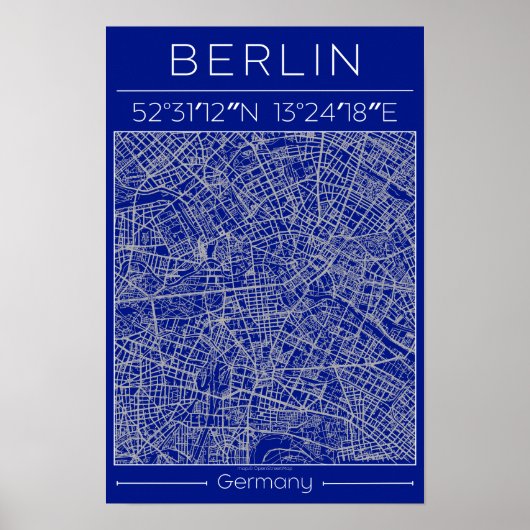 Berlin Blueprint City Map Poster Blue Minimal Urba ポスター (正面)