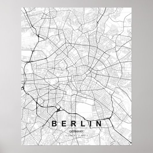 Berlin Minimalist Map (Black & White) ポスター (正面)