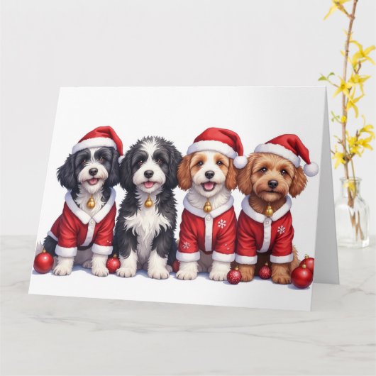Bernedoodle Christmas Dress Santa Hat カード (黄色い花)