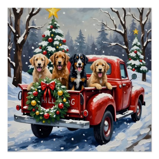Bernedoodle Christmas Red Truck Holiday ポスター (正面)