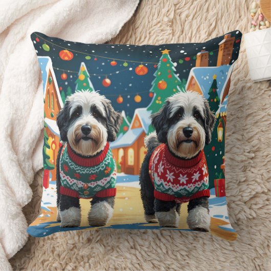 Bernedoodle Dogs Christmas Snow Holiday クッション (ブランケット)