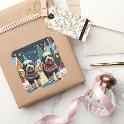 Bernedoodle Dogs Christmas Snow Holiday スクエアシール (ギフト)