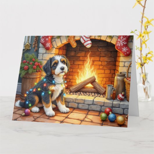 Bernedoodle Fireplace with Christmas Lights カード (黄色い花)