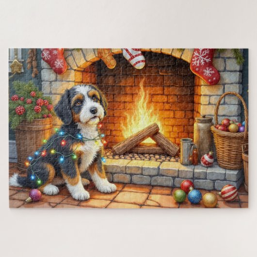 Bernedoodle Fireplace with Christmas Lights ジグソーパズル (横)