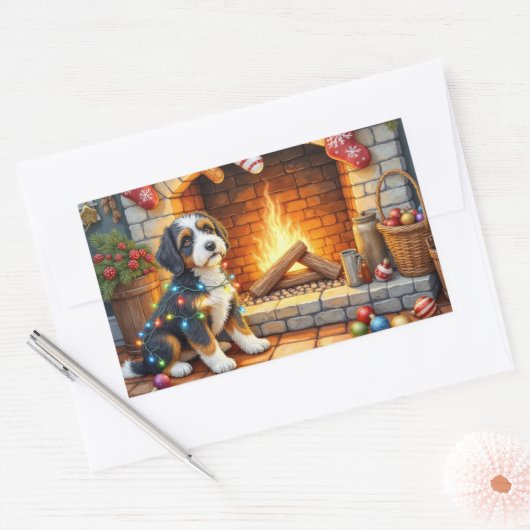 Bernedoodle Fireplace with Christmas Lights 長方形シール (封筒)