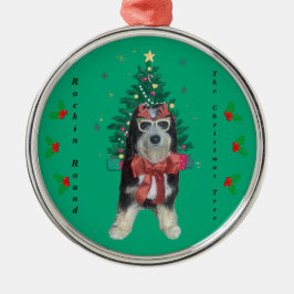Bernedoodle in Christmas Outfit Rockin Round Tree メタルオーナメント