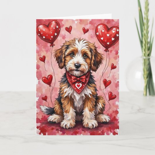 Bernedoodle Valentine Dog Sitting with Hearts Red カード (正面)