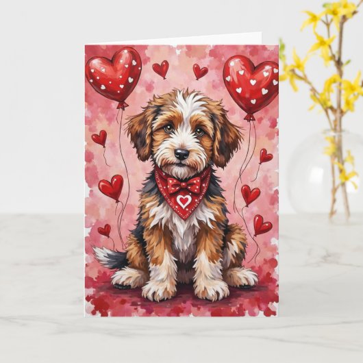 Bernedoodle Valentine Dog Sitting with Hearts Red カード (黄色い花)