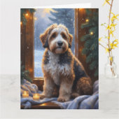 bernedoodle With Christmas Lights Holiday カード (黄色い花)