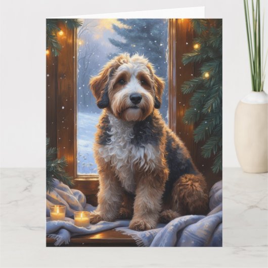 bernedoodle With Christmas Lights Holiday カード (正面)
