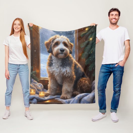 bernedoodle With Christmas Lights Holiday フリースブランケット (インサイチュ)