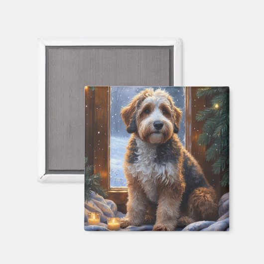 bernedoodle With Christmas Lights Holiday マグネット (正面/裏面)