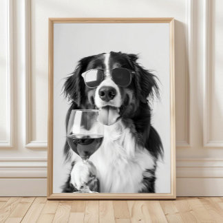 Bernese Mountain Dog and Wine Wall Art, Black and  ポスター