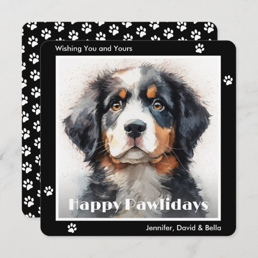 Bernese Mountain Dog Black Watercolor Christmas シーズンカード (正面/裏面)