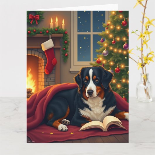 Bernese Mountain Dog Christmas Bedtime Story カード (黄色い花)