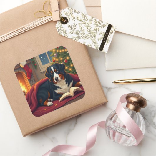 Bernese Mountain Dog Christmas Bedtime Story スクエアシール (ギフト)