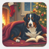 Bernese Mountain Dog Christmas Bedtime Story スクエアシール (正面)