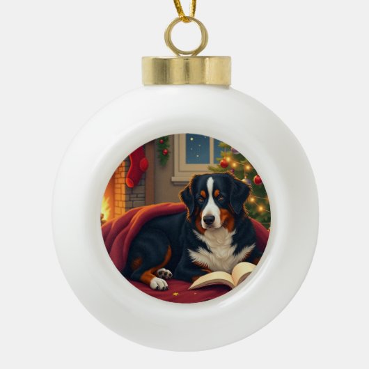 Bernese Mountain Dog Christmas Bedtime Story セラミックボールオーナメント (正面)