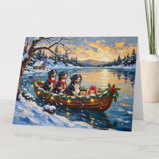 Bernese Mountain Dog Christmas Boat Holiday カード (正面)