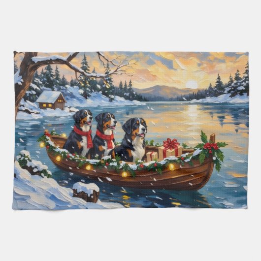 Bernese Mountain Dog Christmas Boat Holiday キッチンタオル (横)