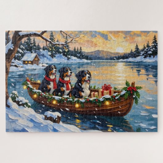 Bernese Mountain Dog Christmas Boat Holiday ジグソーパズル (横)