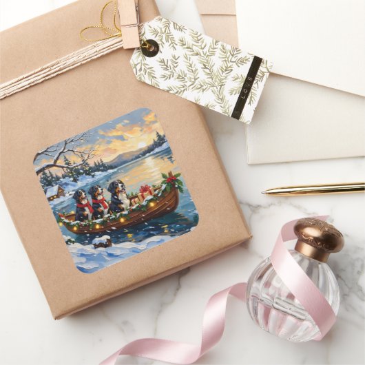 Bernese Mountain Dog Christmas Boat Holiday スクエアシール (ギフト)