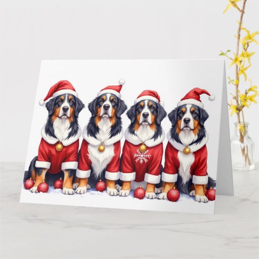 Bernese Mountain Dog Christmas Dress Santa Hat カード (黄色い花)
