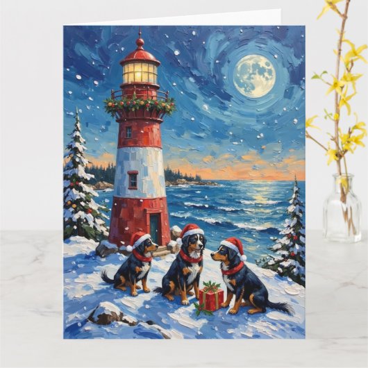 Bernese Mountain Dog Christmas Lighthouse Holiday カード (黄色い花)