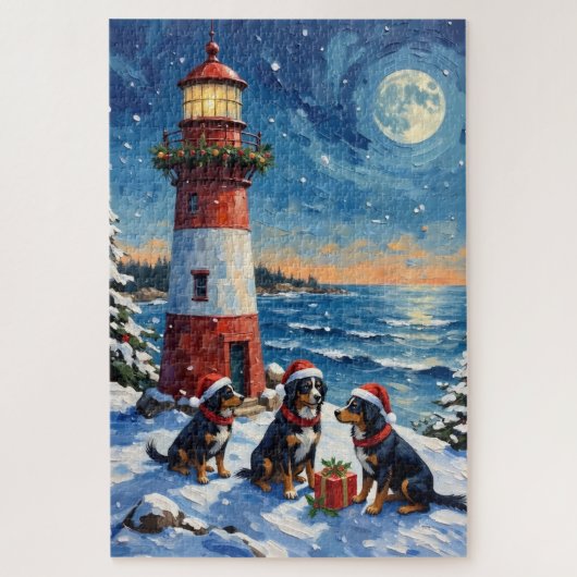 Bernese Mountain Dog Christmas Lighthouse Holiday ジグソーパズル (縦)