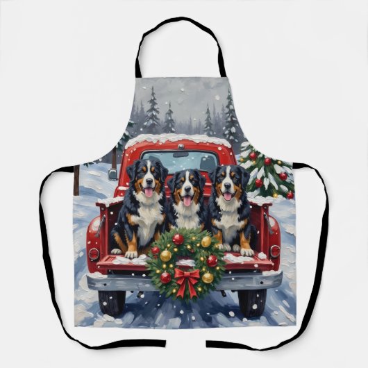 Bernese Mountain Dog Christmas Red Truck Holiday エプロン (正面)