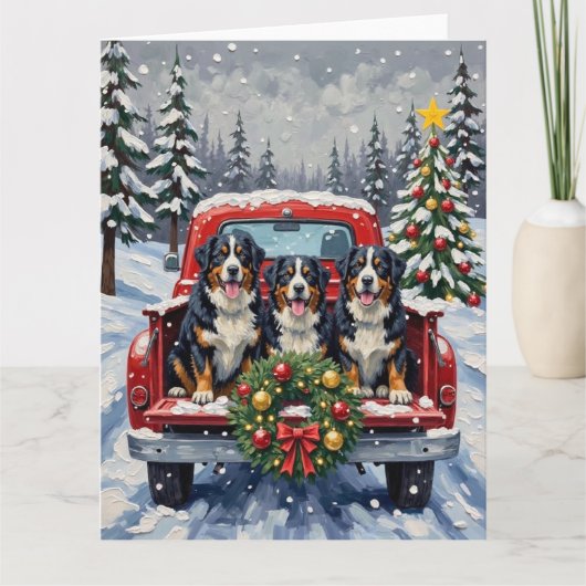 Bernese Mountain Dog Christmas Red Truck Holiday カード (正面)