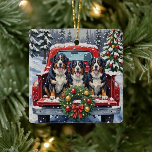 Bernese Mountain Dog Christmas Red Truck Holiday セラミックオーナメント (ツリー)