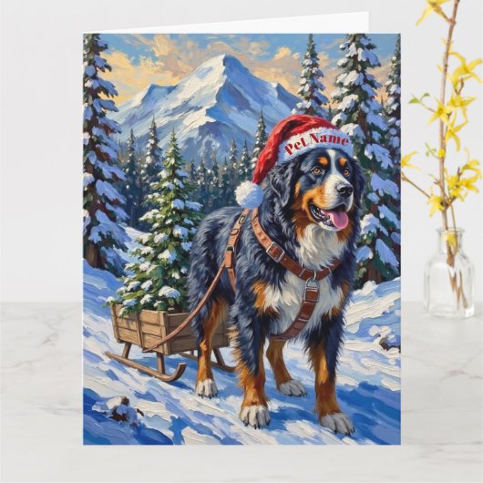 Bernese Mountain Dog Christmas Tree Hauler Hat カード (黄色い花)